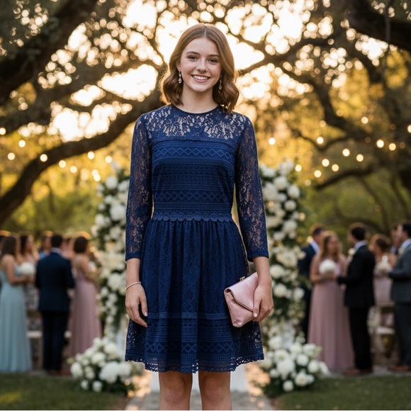 City Triangles Navy Lace Long Sleeve Dress - Picture 1 of 11